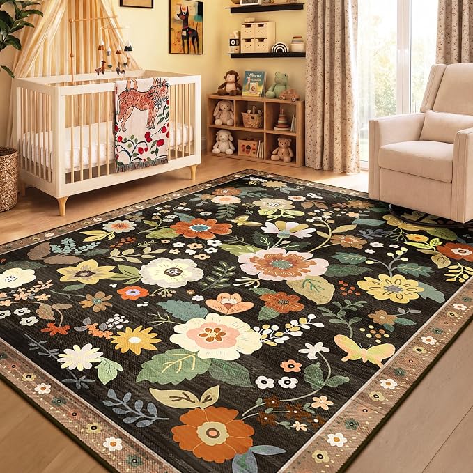 RELEANY Floral Washable 8x10 Area Rugs Black/Yellow | Flower Carpet, Print, Boho, Non-Slip, Easy to Clean, Soft, Low Pile for Living Room Bedroom Kitchen Office Entryway Hallway