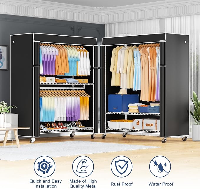 P8C Max Heavy Duty Clothes Rack（With Extended Width Design） Rolling Clothing Racks for Hanging Clothes with Lockable Wheels，51.2"W x 15.8"D x 80.5"H，Load 800LBS，White Rack with Black Cover