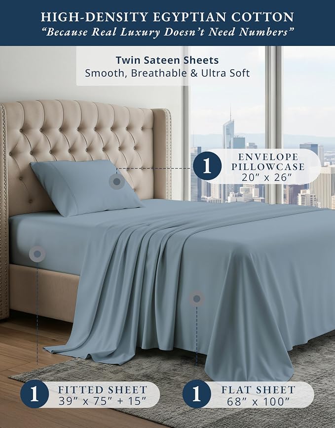 LANE LINEN Twin Size Sheets 100% Egyptian Cotton Sateen - French Blue | Twin Sheets Cotton - 3-Piece Set, Ideal For Dorms And Guest Beds, For Guests And Everyday Use, Guest-Ready Comfort