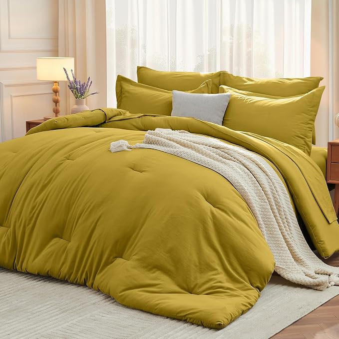 7 Pieces Queen Comforter Set, Soft Bed in a Bag Queen Size, All Season Bedding Set with Comforter, Flat Sheet, Fitted Sheet, Pillowcases & Shams, Mustard Yellow