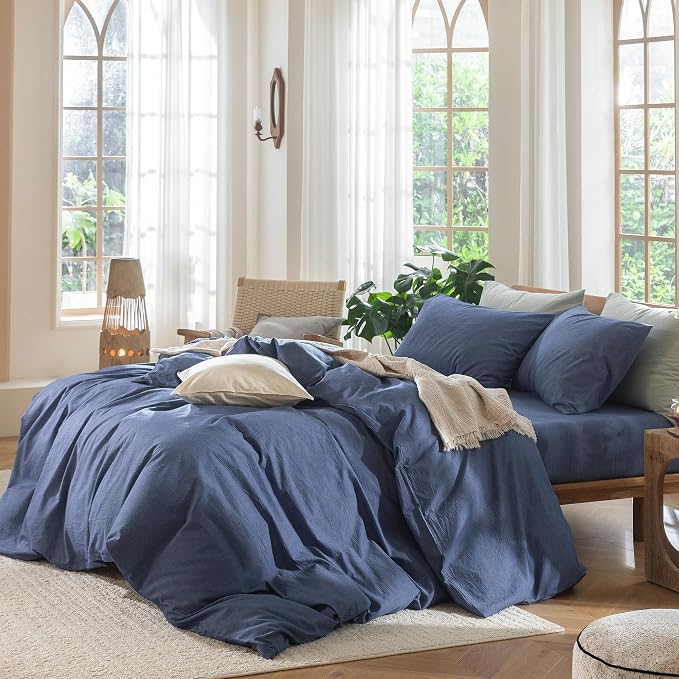 MooMee Duvet Cover Set 100% Washed Cotton Linen Like King | Relaxed Linen-like Texture. Soft, Breathable & Long-lasting Comfort. Lightweight. Hidden Zipper with 8 Interior Corner Ties