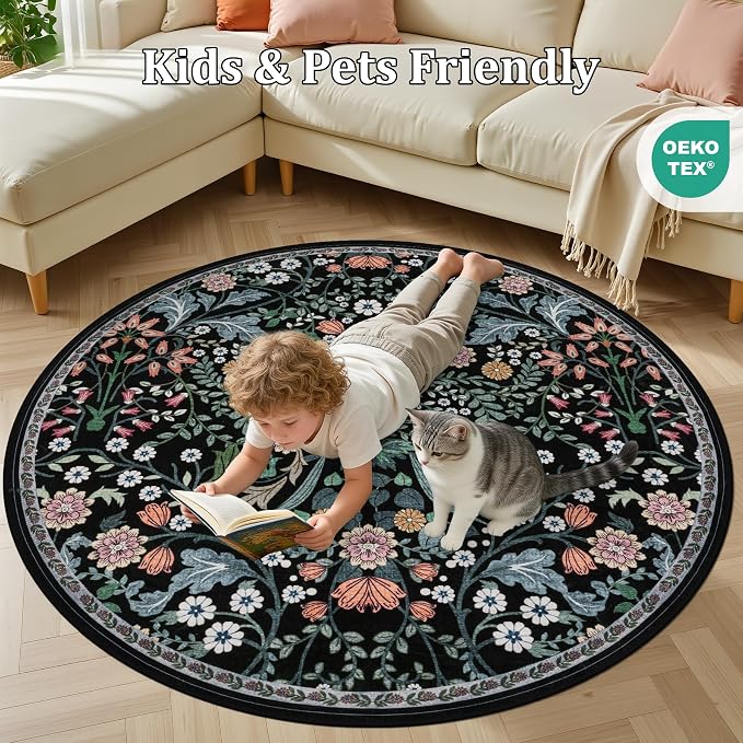 PLHXFR Round Area Rug Living Room: 4 ft Floral Washable Carpet Dark Black | For Bedroom Dining Room Farmhouse Nursery Hallway,Vintage Floral,Machine washable,Non Slip,Stain Resistant,Large Indoor