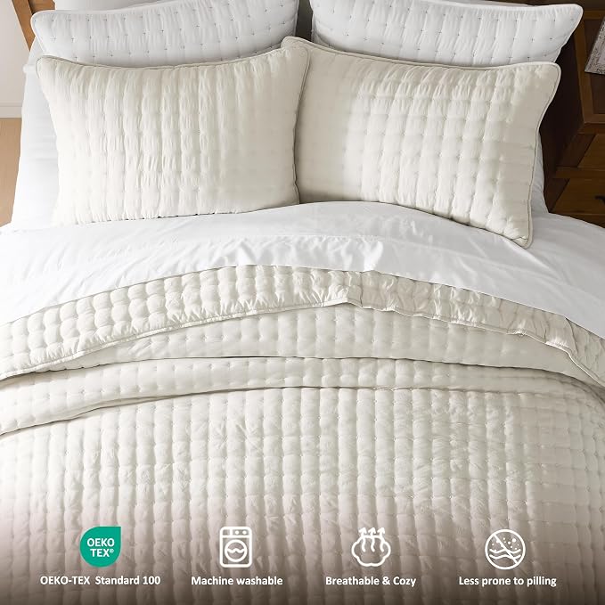 WDCOZY Twin Quit Size Bedding Sets with Pillow Sham, Ivory Lightweight Soft Bedspread Coverlet, Quilted Blanket Thin Comforter Bed Cover for All Season, 2 Pieces, 68x90 inches
