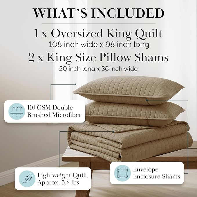 Southshore Fine Living, Inc. Oversized King Quilt Bedding Set, Taupe Quilt California King Size Bedspread with 2 Matching Pillow Shams, Microfiber Quilts, Soft & Cozy Bedding Coverlet, Taupe Quilts