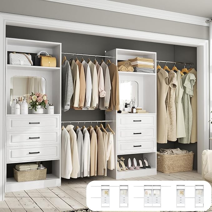 Unikito 6-14FT Wood Closet System with 6 Drawers and Mirror, White | Sturdy walk-in organizer wardrobe for clothing, clothes rack with 3 hanging rods, freestanding garment storage tower.