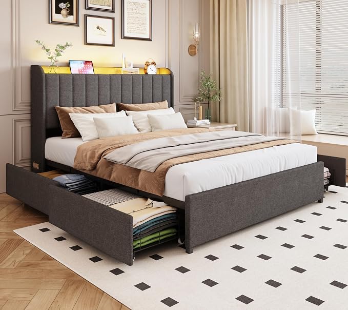 Queen Bed Frame with 4 Drawers and Storage Headboard, Upholstered Platform Bed Frame Queen Size with Led Lights and Handy Charging Station, No Box Spring Needed, Easy Assembly, Noise Free, Gray