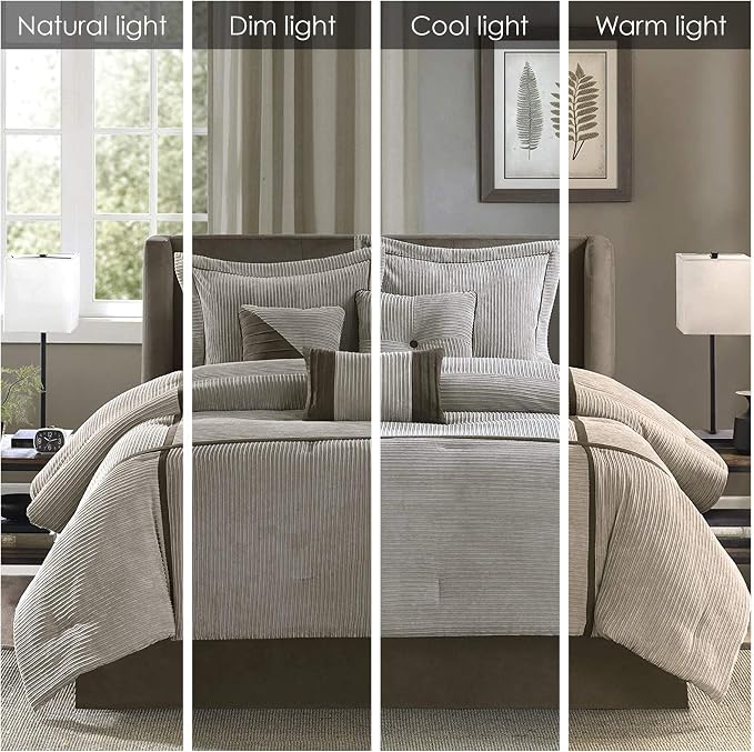 Madison Park Casual Blocks Comforter Set, 7PC Cal King Bedding Set | All Season, with Comforter, Shams, Bed Skirt, Decorative Pillows, Lightweight, Taupe Brown