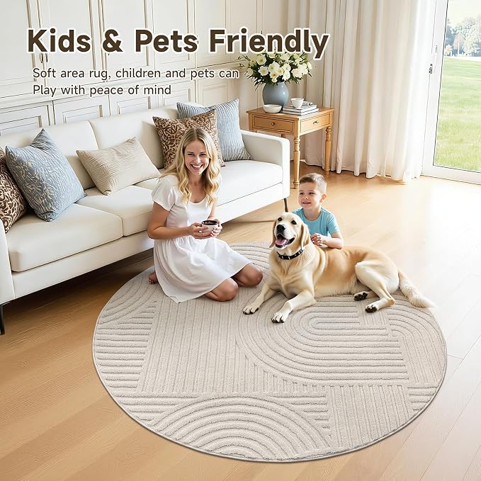 Pauwer 4ft Area Rugs for Living Room, Modern Non Slip Washable Rug, Beige | Arch Pattern, Soft Fluffy, Neutral, Boho Accent, Indoor Round Floor Carpet, For Kids Room Dining Room Nursery Entryway