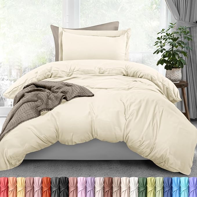 Duvet Cover Twin/Twin XL, 3 PC Cotton Like Polyester, Zipper Closure, Ivory | Extra Soft and Breathable, Wrinkle & Fade Resistant, Includes Duvet Cover and 1 Pillow Sham, Comforter Not Included, OekoTex