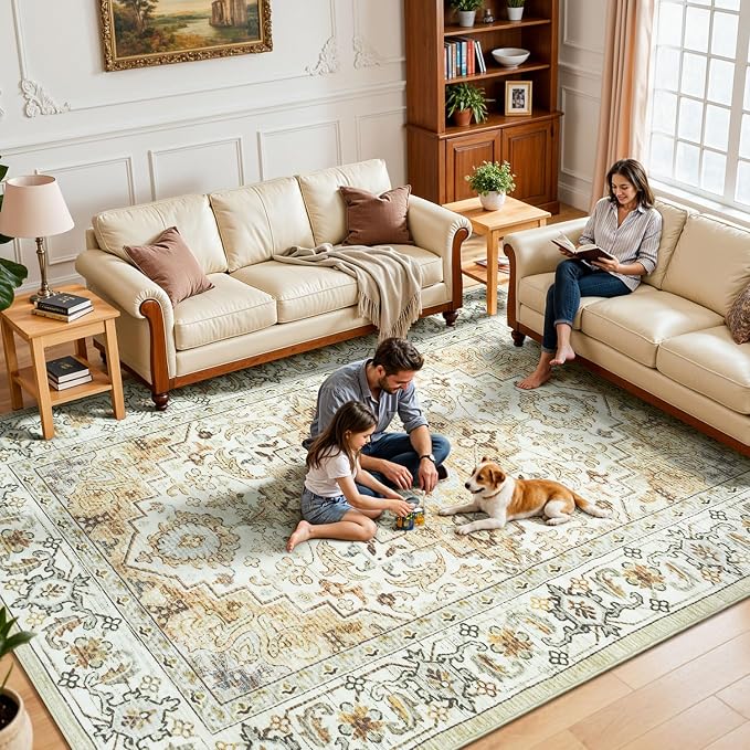 8 x 10 Area Rugs for Living Room, Washable Bedroom Large Rug, Beige | Boho Low Pile Rug for Dining Room, Floral Medallion Vintage Carpets with Non-Slip Backing, Kids Pet Friendly, Fit All Vacuums