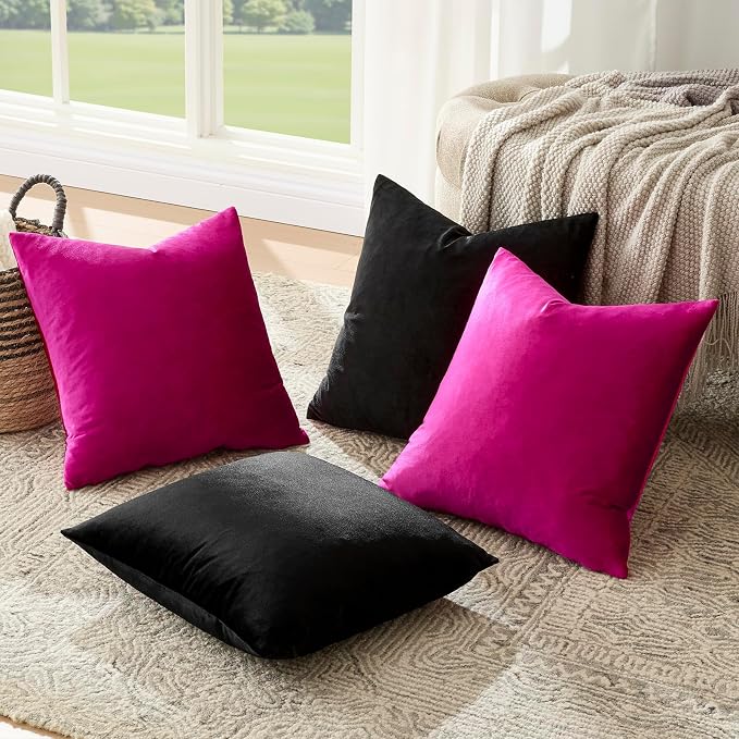 GIGIZAZA Pack of 4 Decorative Velvet Pillow Covers 18x18 Black Hot Pink | Throw Pillows for Couch Sofa,280gsm Soft Textured Fabric,Modern Accent Pillowcases,Luxury Living Room Cushion Covers