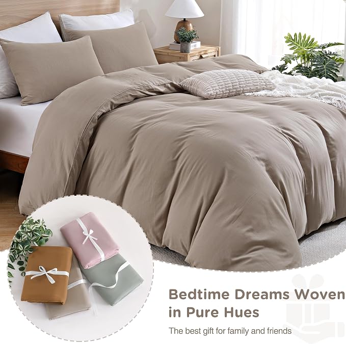 TOCOMOA 100% Muslin Cotton Duvet Cover Set, Taupe, Queen | Linen-Like Texture. Ultra Soft, Breathable, Comfy & Lightweight Fall Bedding Set with Zipper & 8 Ties. 3 Pcs, No Insert