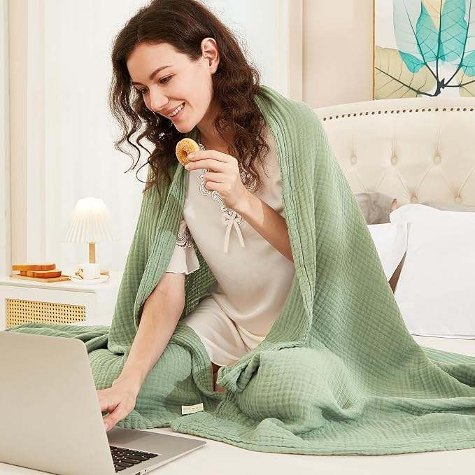 EMME Muslin Blankets for Adults Throw Blanket for Couch Breathable Gauze Soft Lightweight Airy Sage Green Throw XL 50" x 71"