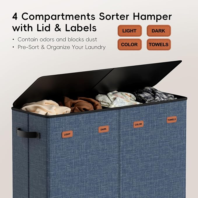 Laundry Hamper 4-Section with Lid, 185L Laundry Sorter with 4 Removable Bags + 1 Extra Large Bag, Switchable 3/4 Compartment, Laundry Basket Organizer for Bedroom, Laundry Room，Navy Bule