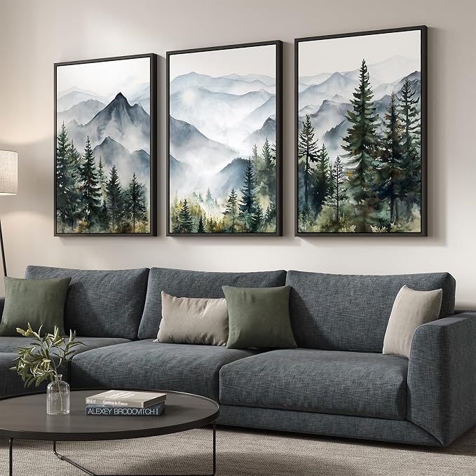 Large Framed Landscape Wall Art for Living Room, Mountain Print, 24x36 Inch | 3 piece, Modern, Nature, Forest picture, Green, Foggy scenery, Living room decor, Hallway art, Ready to hang, Wood frame