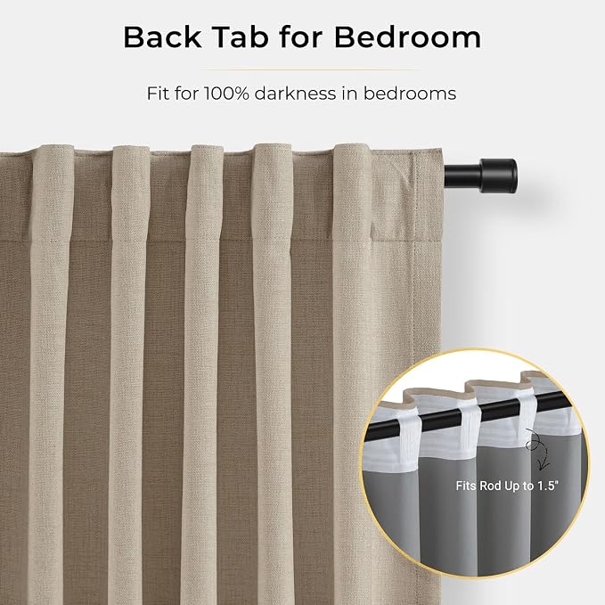 INOVADAY 100% Blackout Curtains for Bedroom Black Out Curtain 102 Inch Long | Burlywood Birch Living Room Curtains 2 Panels, Clip Rings Linen Blackout Drapes, Thermal Insulated Room Darkening,W50xL102