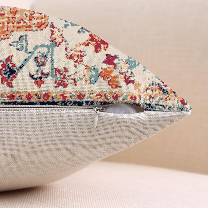 Outdoor Waterproof Pillow Covers - 20x20 Inch Set of 2 Bohemian Vintage Carpet Pattern Pillow Covers in Orange and Blue Ethnic Design for Decorative Farmhouse, Couch, Garden, Balcony