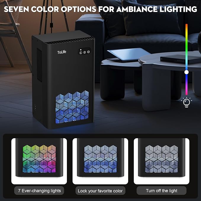 ToLife Dehumidifier, 1000 Sq Ft 95 oz Tank with Sleep Mode, Auto Shutoff | Portable for Home, Bedroom, Bathroom and Basement with 7-Color LED Light, Black