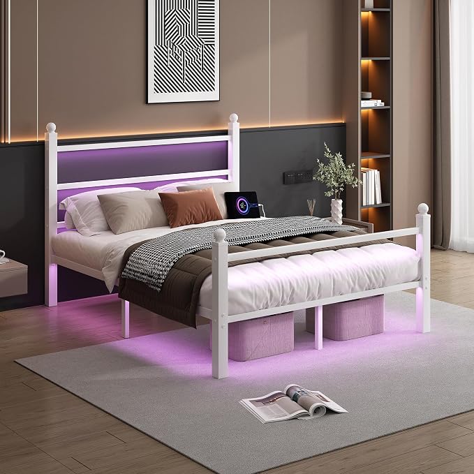 CLIBFENG Queen Size Bed Frame with Headboard and Footboard,Steel Slats Support-LED Bed Frame with USB Charging Station,Mattress Foundation-Under Bed Storage,No Box Spring Needed,Noise Free,White