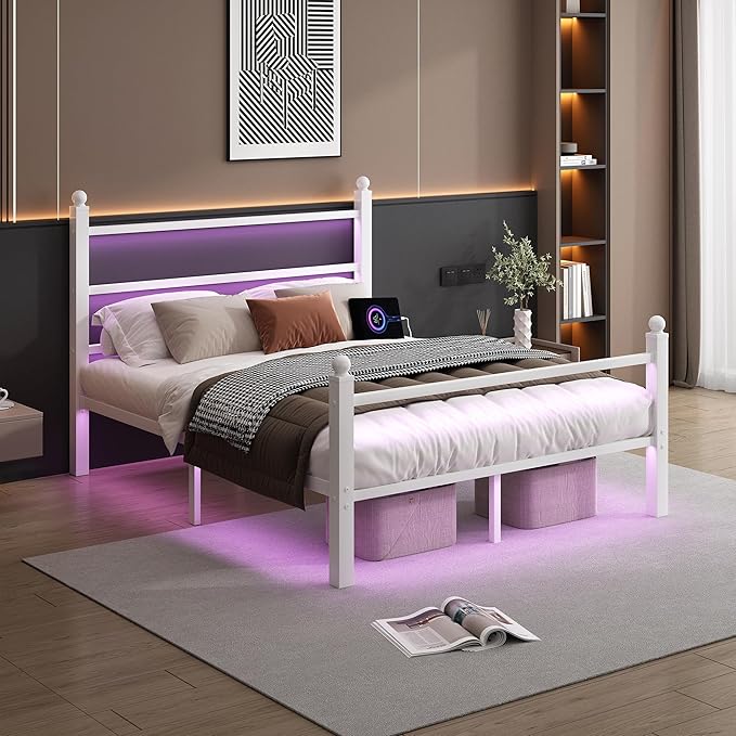CLIBFENG Full Size Bed Frame with Headboard and Footboard,Steel Slats Support-LED Bed Frame with USB Charging Station,Mattress Foundation-Under Bed Storage,No Box Spring Needed,Noise Free,White
