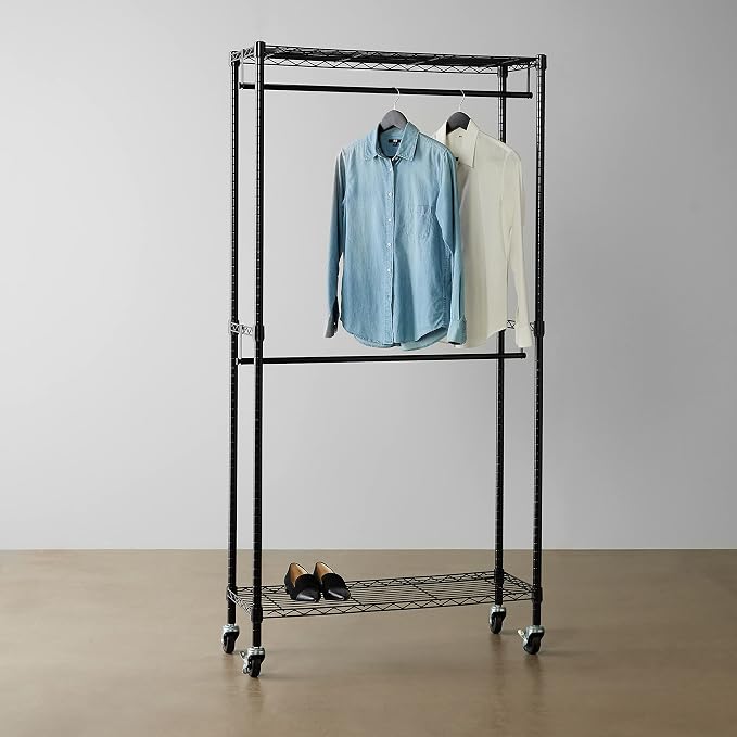 Amazon Basics Adjustable Double Rod Rolling Garment Rack, Hanging Clothes Closet Organizer with Wheels, Heavy Duty, 36" x 14" x 72", Black
