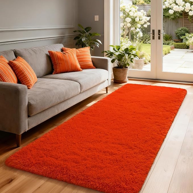 Soft Fluffy Rugs for Bedroom Living Room, 2x6 Hallway Runner Rugs, Furry Shag Bedside Area Rug Indoor Accent Floor Carpet, Plush Fuzzy Rug for Dorm Nursery Kids Room Decor, Orange Red