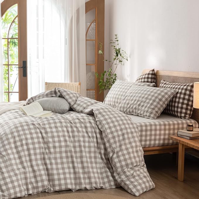 BESTOUCH Gingham Cotton Duvet Cover Set Linen Grey Super King | Washed Cotton, Linen Feel, Soft Wrinkle Texture, Hidden Zipper, 8 Ties, Breathable Lightweight Durable Comfy, 3 Pcs No Insert