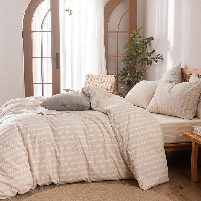 BESTOUCH Striped Cotton Duvet Cover Set Linen Feel Super Queen | 100% Washed Cotton, Soft Wrinkle Texture, Hidden Zipper, 8 Ties, Breathable Lightweight Durable Comfy, 3 Pcs No Insert