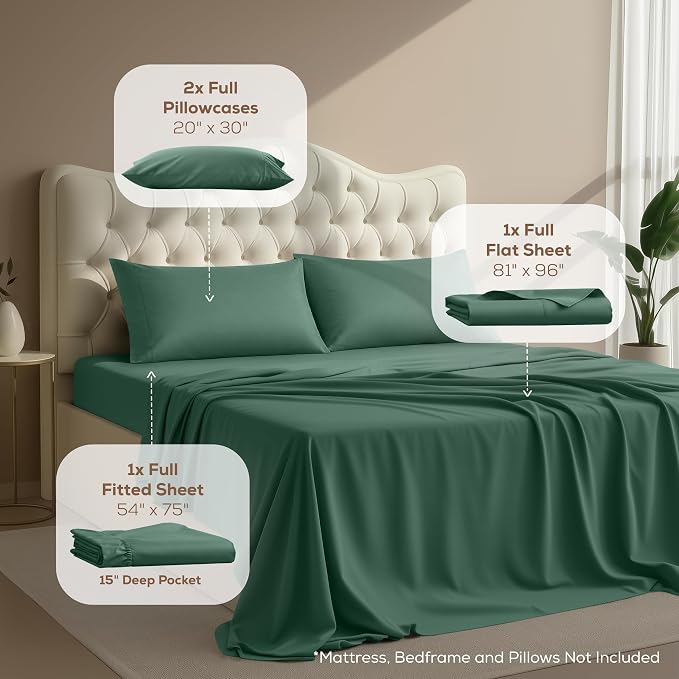 Full Sheet Set, 4 Pieces 16" Deep Pocket Hotel Luxury Sheets, Emerald Green | Extra Soft Bedsheet Set, Comfy & Breathable Cooling Sheets, Wrinkle & Fade Resistant, Fitted Sheet, Flat Sheet, 2 Pillowcases