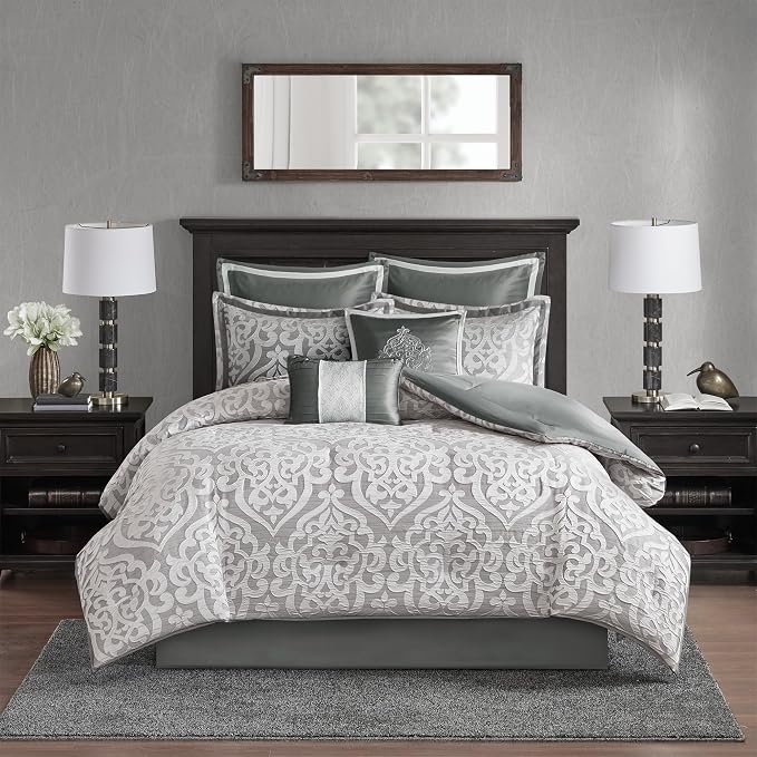 Madison Park Odette Cozy Comforter Set Jacquard Damask Medallion Design - Modern All Season, Down Alternative Bedding, Shams, Decorative Pillows, Queen(90 in x 90 in), Silver 8 Piece | All Season Down Alternative Bedding with Comforter, Shams, Bed Skir...