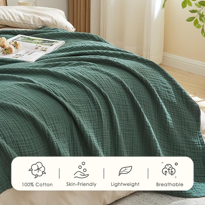EMME Muslin Blankets for Adults Throw Blanket for Couch Breathable Gauze Soft Lightweight Airy Forest Green Queen 90" x 90"
