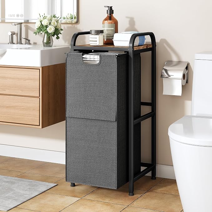 Kitstorack Laundry Hamper, Laundry Basket, Laundry Sorter with a Pull-Out and Removable Bag, Shelf, Metal Frame, 17 Gallons (62 L), Ink Black and Rustic Brown