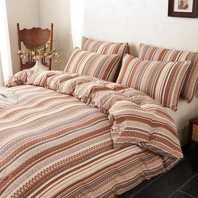 Striped Queen Comforter Set Boho Soft 3 Pieces Chic Vintage Boho Print Bohemian Comforter for All Seasons Luxury Warmth Comfy Breathable with 2 Pillowcases