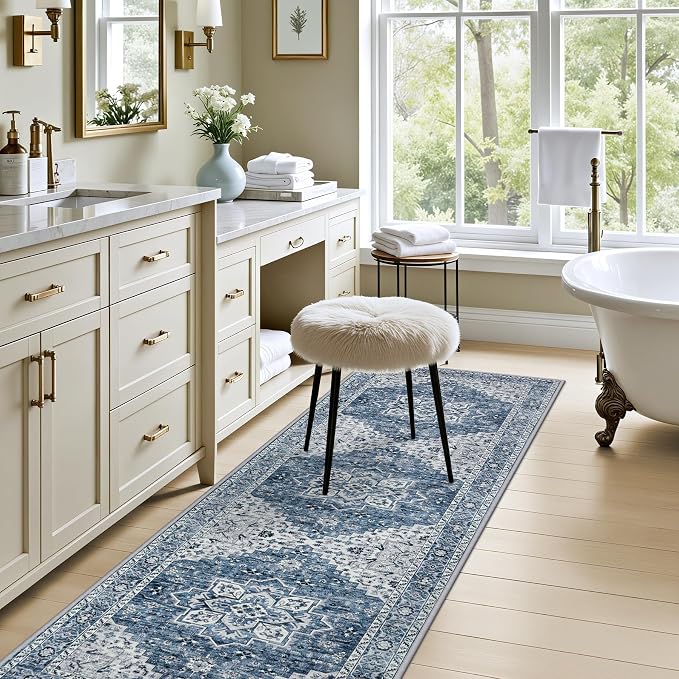 Hallway Runner Rug: 2.6x8 Kitchen Boho Rugs for Living Room Blue | Runner Rug Hallway Washable Rug No Slip Soft Bedroom Rug Indoor Floor Stain Resistant Carpets for Entryway, Laundry, Bathroom