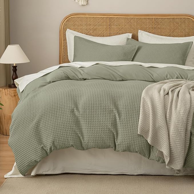 David's Home Textured Waffle Weave Duvet Cover Set, Queen Size, Dusty Sage | Breathable Cozy for All Season, 300GSM, 3PCS Home Bedding Decor, OEKO-TEX Certified, Hidden Zipper, 8 Corner Ties, 90" X 90"