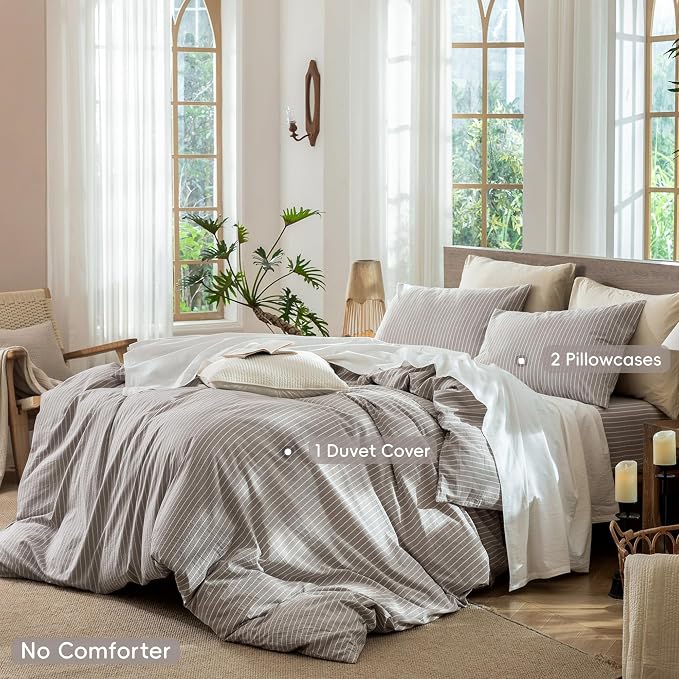MooMee Striped Duvet Cover Set 100% Washed Cotton Linen Like King | Relaxed Linen-like Texture. Soft, Breathable & Long-lasting Comfort. Lightweight. Hidden Zipper with 8 Interior Corner Ties