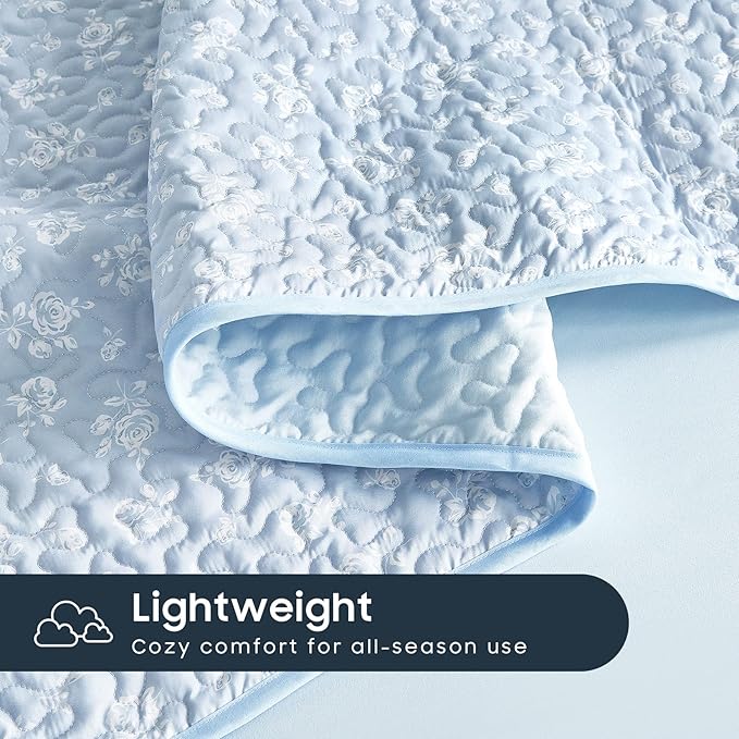 Wake In Cloud - Floral Quilt Set, Coquette Cottagecore Shabby Chic Flower Pattern for Women Teen Girls, Reversible Lightweight Bedspread Coverlet, 3 Pieces, Light Blue, Queen/Full Size