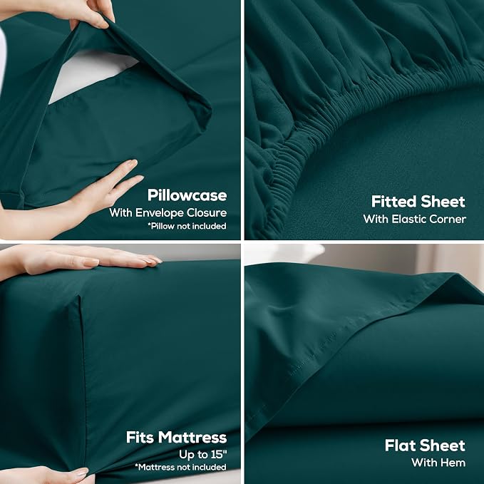 Utopia Bedding Queen Size Sheet Set – 4 Piece Bed Sheets, Soft and Breathable Microfiber, Includes 1 Fitted Sheet, 1 Flat Sheet and 2 Pillowcases – Oeko Tex (Teal Green) | Extra Soft Bedsheet Set, Comfy & Breathable Cooling Sheets, Wrinkle & Fade Resis...
