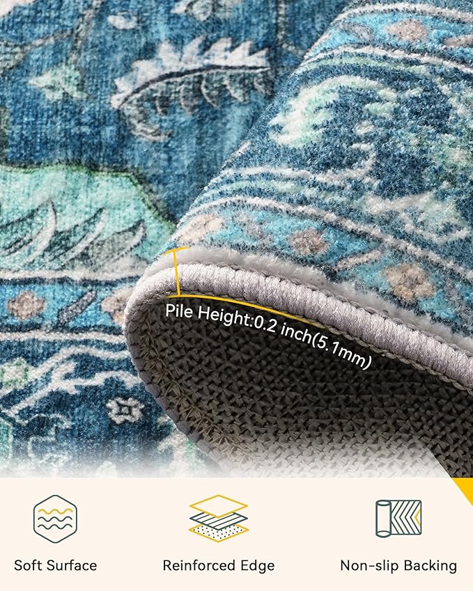 RELEANY Washable Area Rug, Runner 2'x6', Teal | Non-Slip, Water Repellent, Pet Friendly, Easy to Clean, Vintage Floral Boho Decor for Kitchen Entry Bedroom Bedside Laundry