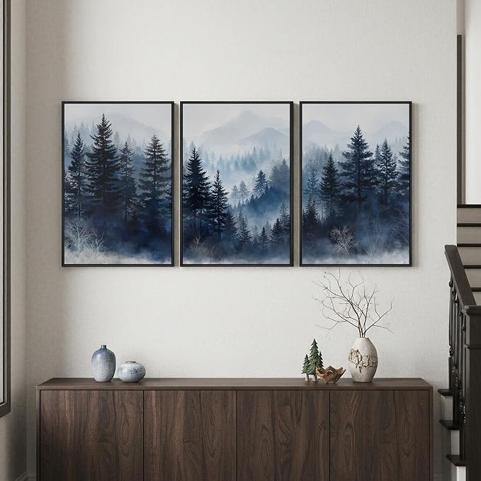 Framed Blue Foggy Forest Mountain Wall Art for Living Room, 3 Piece, 24x36 | Misty pine tree, Foggy scenic, Nature landscape, Solid wood frame, Ready to hang, Bedroom wall decor, Canvas print artwork