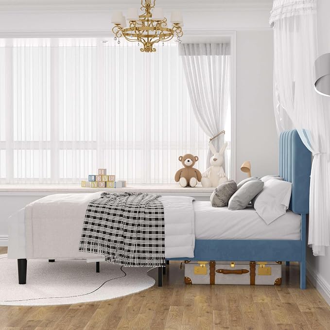 VECELO Twin Size Bed Frame with Upholstered Headboard, Velvet Platform Bedframe Mattress Foundation, Strong Wood Slat Support, No Box Spring Needed,Sky Blue
