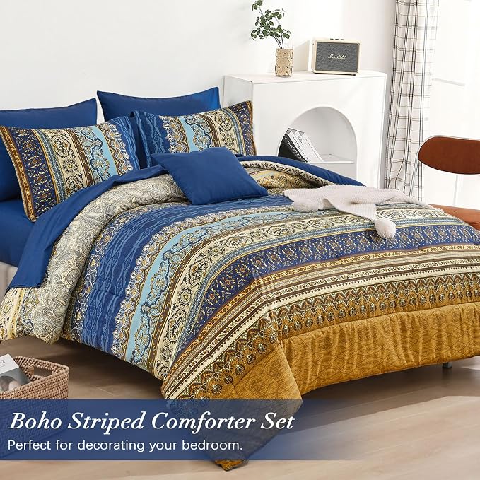 Cottolester Boho Queen Comforter Set 8 Pieces,Brown Blue Bohemian Comforter Paisley Striped Bed in A Bag,Soft Microfiber Bedding Set for All Season