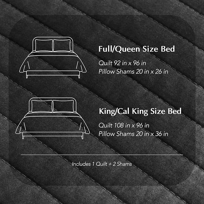 EVERGRACEHOME Cotton Sateen Quilt Set, Queen Size, Washed Black | 100% Cotton, Channel Stitch Coverlet Bedspread, Pre-Washed Lightweight Soft Bedding Set for All Season, 3 Piece, with 2 Shams