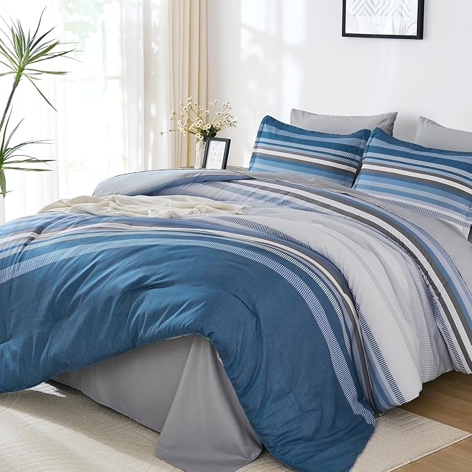 Dobuyly Grayish Blue King Size Comforter Set 7 Piece, Boho Striped Bed in a Bag Soft Microfiber All Season, Blue and Grey Bedding Set with Comforter, Sheets, Pillowcases & Shams