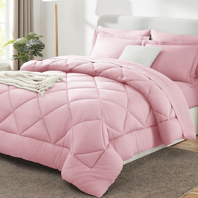 Full Size Comforter Sets Pink - 7 Pieces Complete Bedding Set | OEKO-TEX Certified, All Season, 240GSM Down-Alternative Comforter, Sheets, Pillowcases & Shams, 14" Deep Pocket, Easy Care