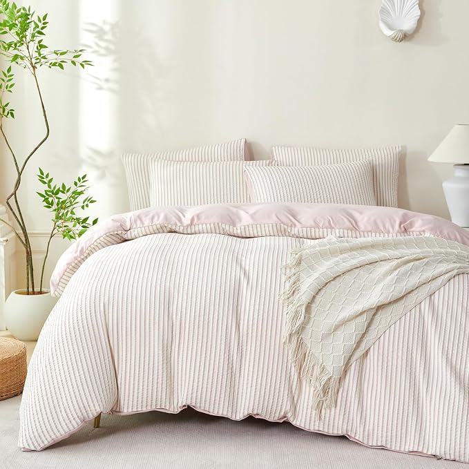 Comforter Set King Size Dusty Pink Soft Luxury Washed Microfiber Jacquard 3 Pieces Bedding Set, White Dusty Pink Vertical Ticking Stripes Comforter with 2 Pillowcases Breathable Durable Comfy