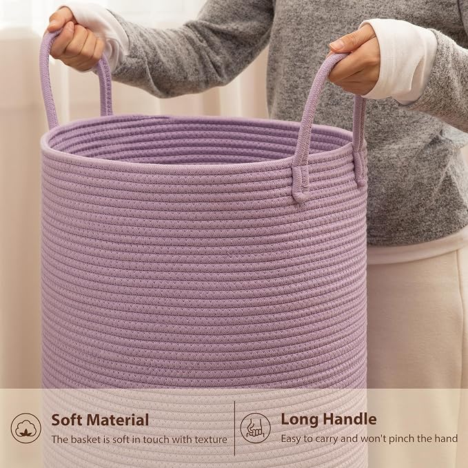 OIAHOMY 60L Nursery Hamper Laundry Basket Laundry Hamper Purple | collapsible Blanket Basket Cotton Rope Woven Basket Dirty Clothes Hamper Baby Hamper Tall Clothes Hamper with Handles