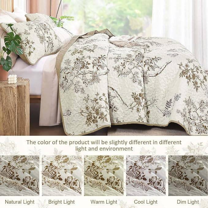 WONGS BEDDING Floral Quilt Set Full,3 Pcs Brown Bedspreads Coverlets Set | Spring Summer Floral Farmhouse Bedspread with 2 Shams,Soft Microfiber Lightweight Coverlet for All Season 78"×90"