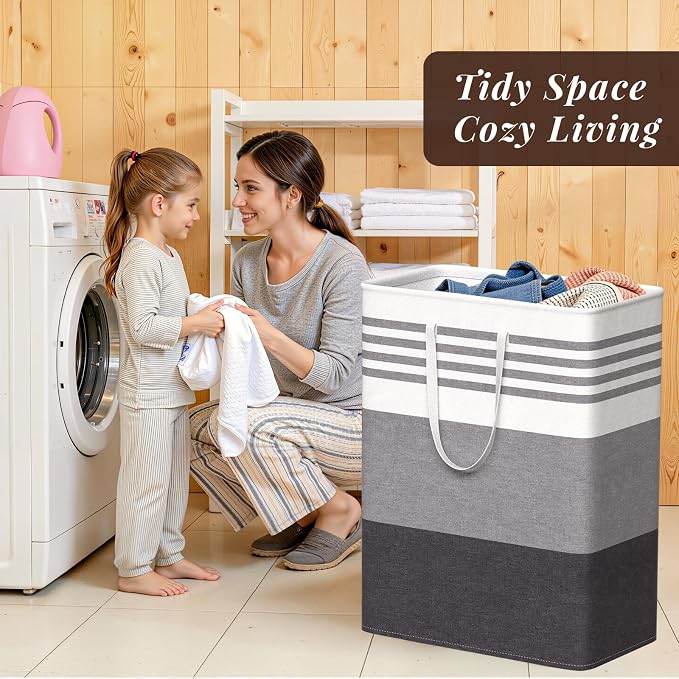 WOWBOX 2 Pack Laundry Baskets, Collapsible Dirty Clothes Laundry Hampers | with Reinforced Handles, Waterproof Coating, 2 Pack for Clean & Dirty Clothes, for Bedroom, Bathroom, Dorm (125L Grey)