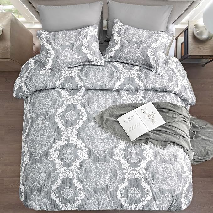 WONGS BEDDING Grey Comforter Set Queen Size, Damask Texture 7 Pieces Gray Bed in a Bag Microfiber Boho Comforter Bedding Sheet Set with Comforter, Flat Sheet, Fitted Sheet,Pillow Shams,Pillowcases